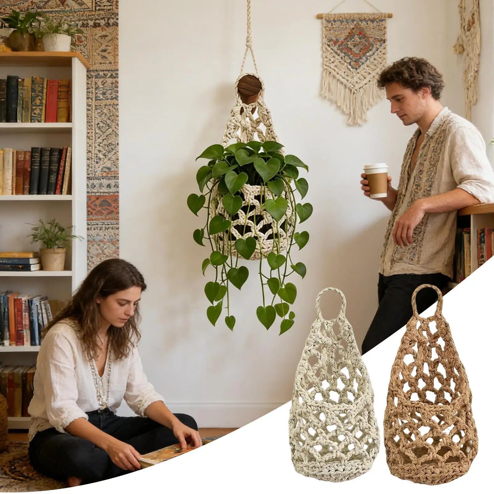 Boho Macrame Plant HangerBasket for Succulents Cotton Rope Woven Hanging Basket with Net Pouch Home Decoration Organizer Zpaxo