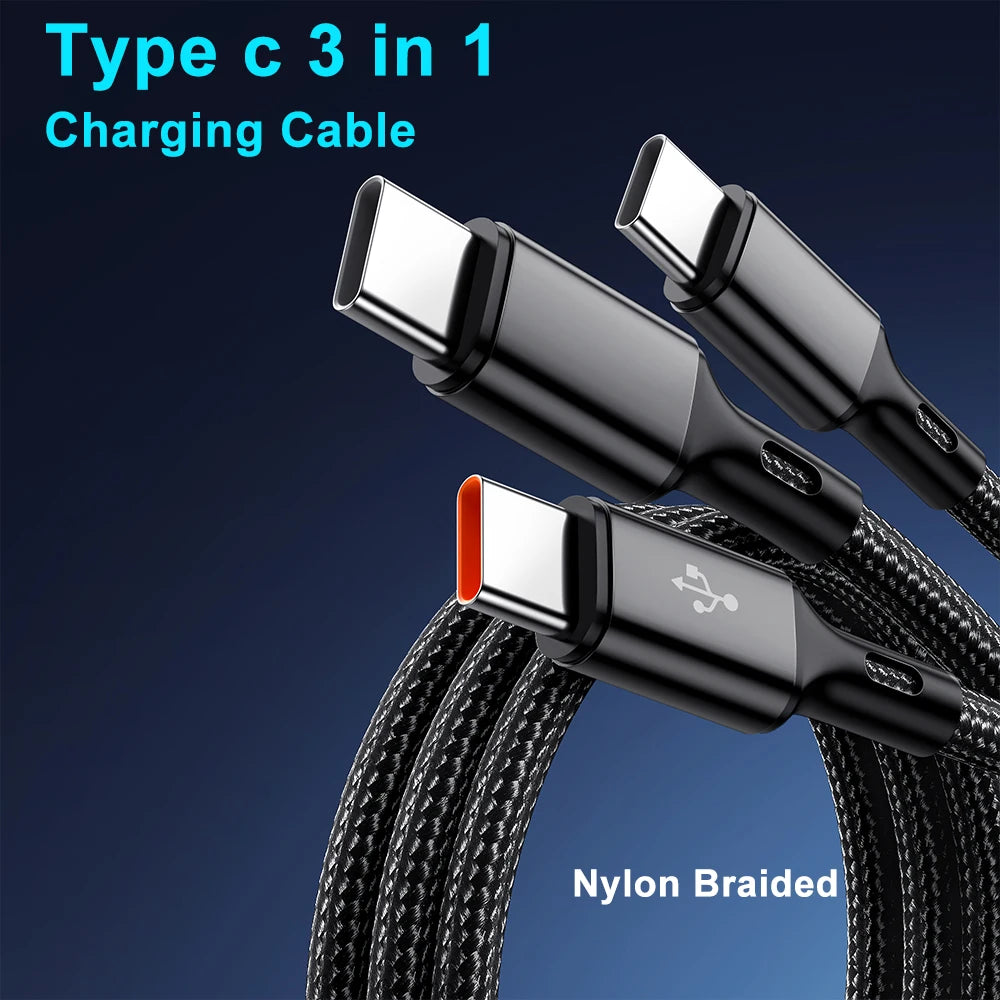 3-in-1 USB-C Cable 100W 6A Fast Charging Quick Charge Cord USB Charging Cable Zpaxo