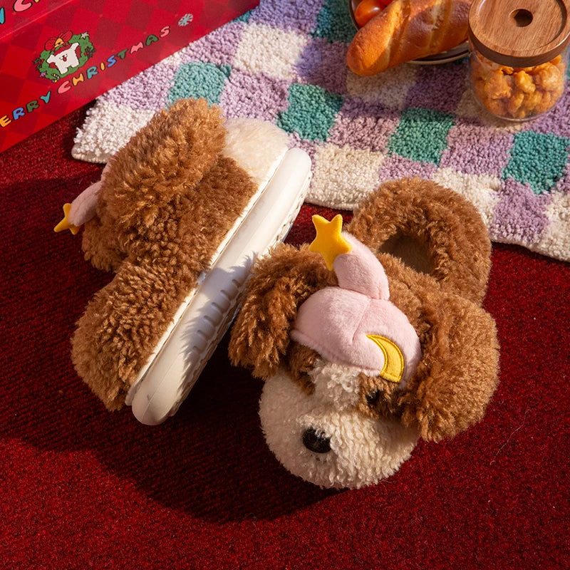 SHAJI Womens Winter Cute Cartoon Dog Fluffy Fuzzy Plush Slippers