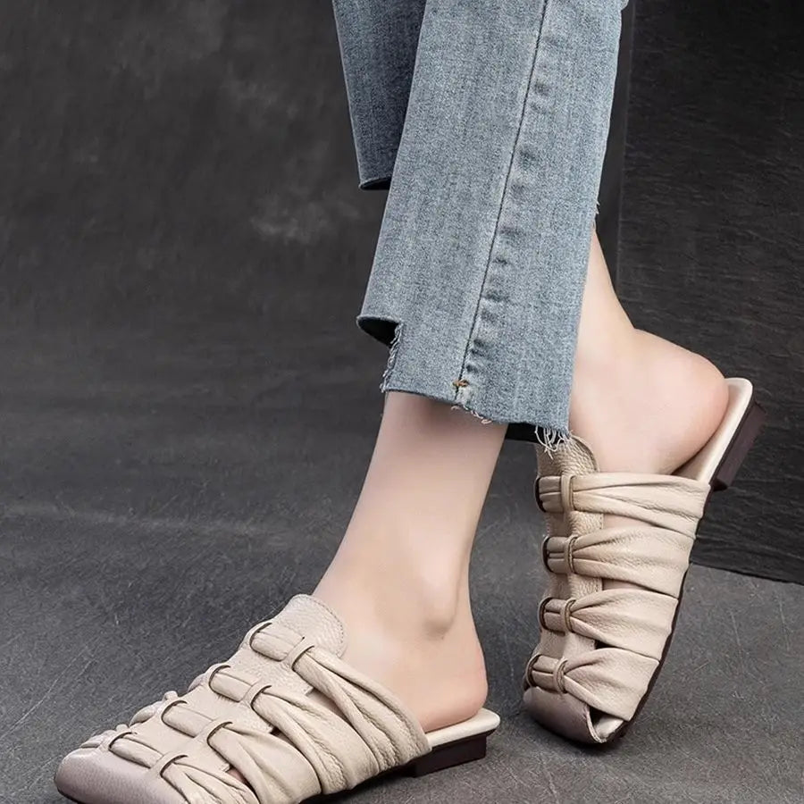 2025 Summer New Genuine Leather Weaving Breathable Square Toe Flat Slippers Retro Versatile Women's Shoes Zpaxo