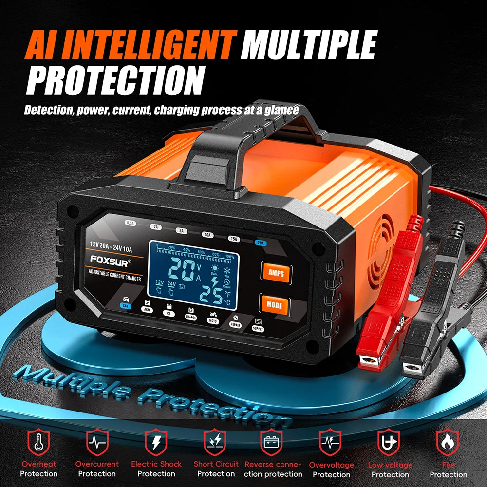 7 Stage Large Screen Digital Display Smart Battery Charger 12V 24V