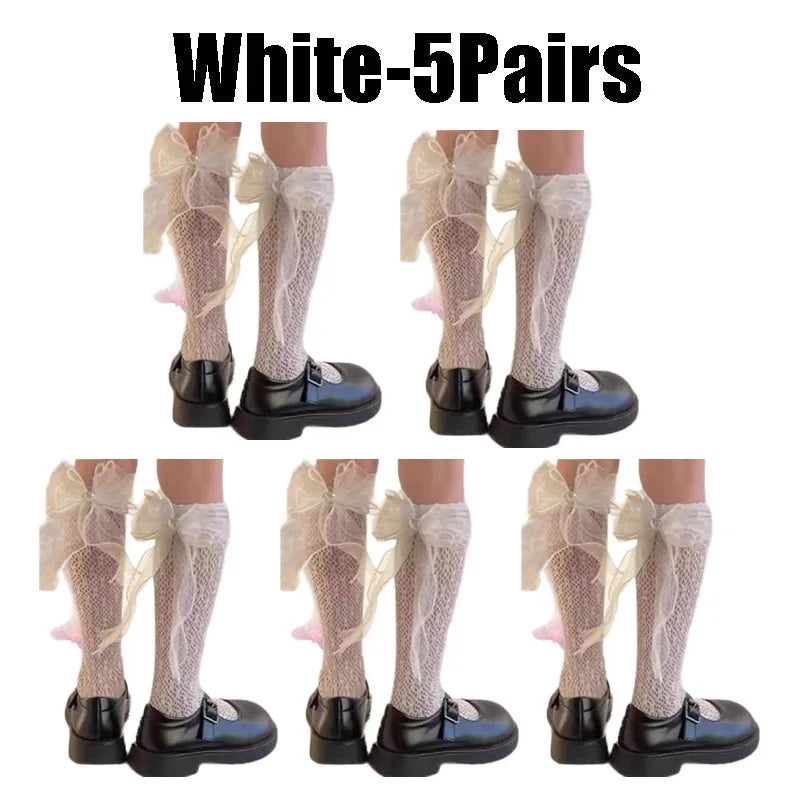 Breathable Lace Bow Over-the-knee Socks Women Sheer Mesh Elastic