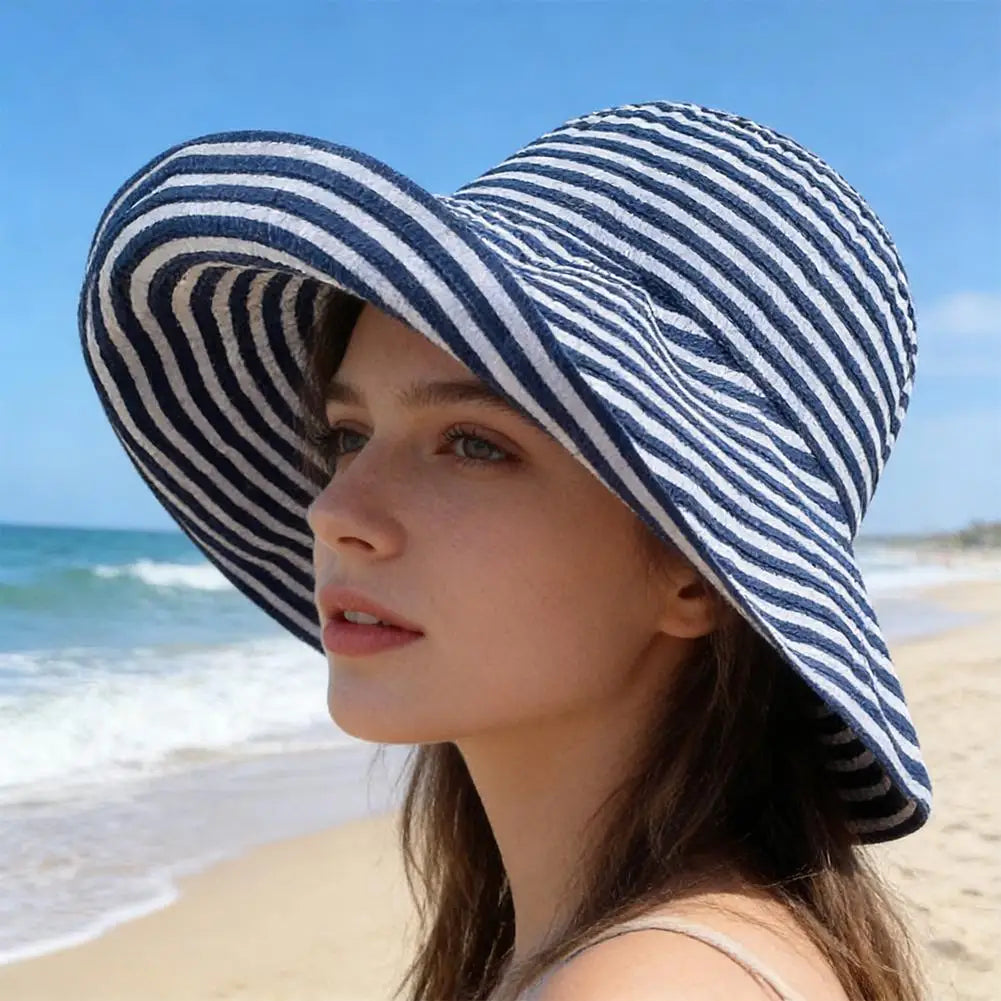 Retro Striped Wide Brim Fisherman Sun Hat UPF50+ Foldable Wide Brim Sun Hat Zpaxo