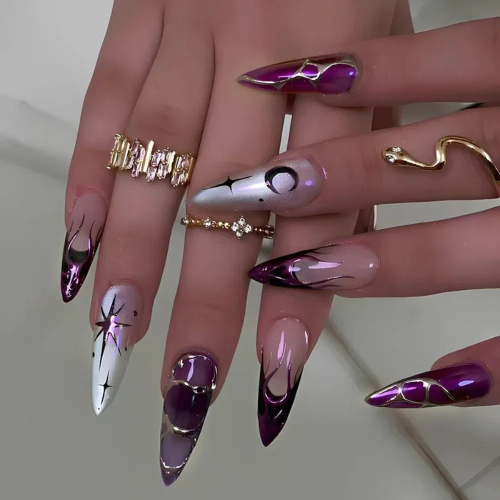 Long Almond False Nails French Leopard Star Press Fake DIY Manicure