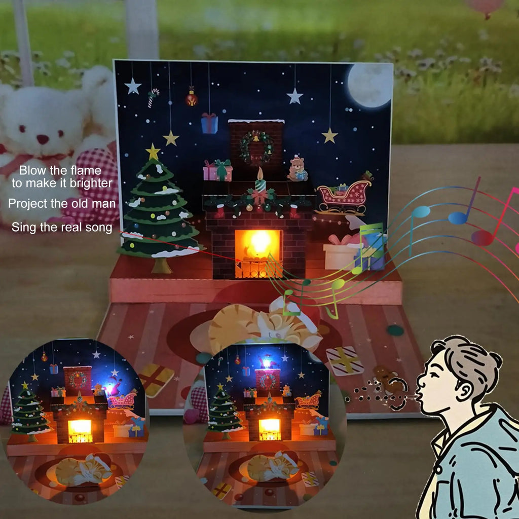 Christmas Popup Cards Musical Greeting Light Santa Projection 3D
