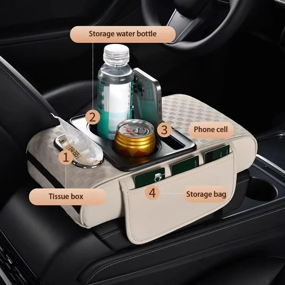 Nappa Leather Center Console Armrest Cushion Tissue Box 2 Cup Holder Car Armrest Storage Box Comfortable Phone Slot Zpaxo