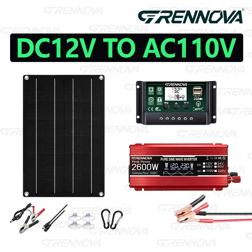 Portable Solar Generator System Complete Kit with 50W Panel 60A Controller 2600W Peak Pure Sine Wave Inverter DC12V To 110V 220V Zpaxo 110V solar kit