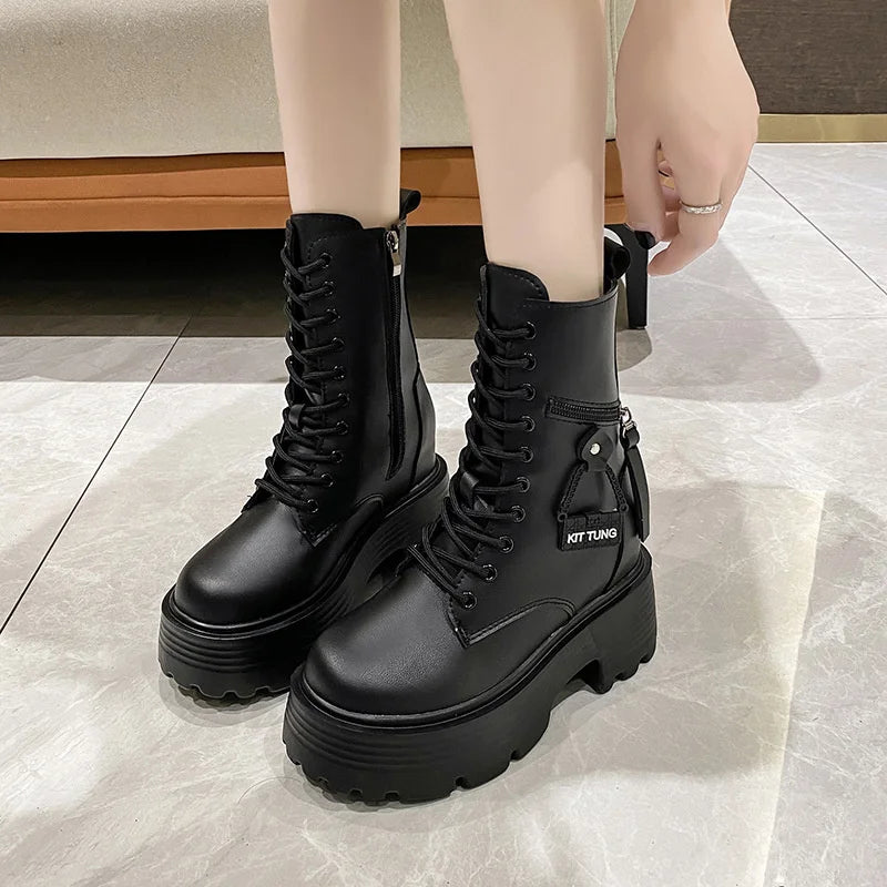 2023 Autumn Platform Mid-calf Boots Women Thick Sole Winter Leather Zpaxo