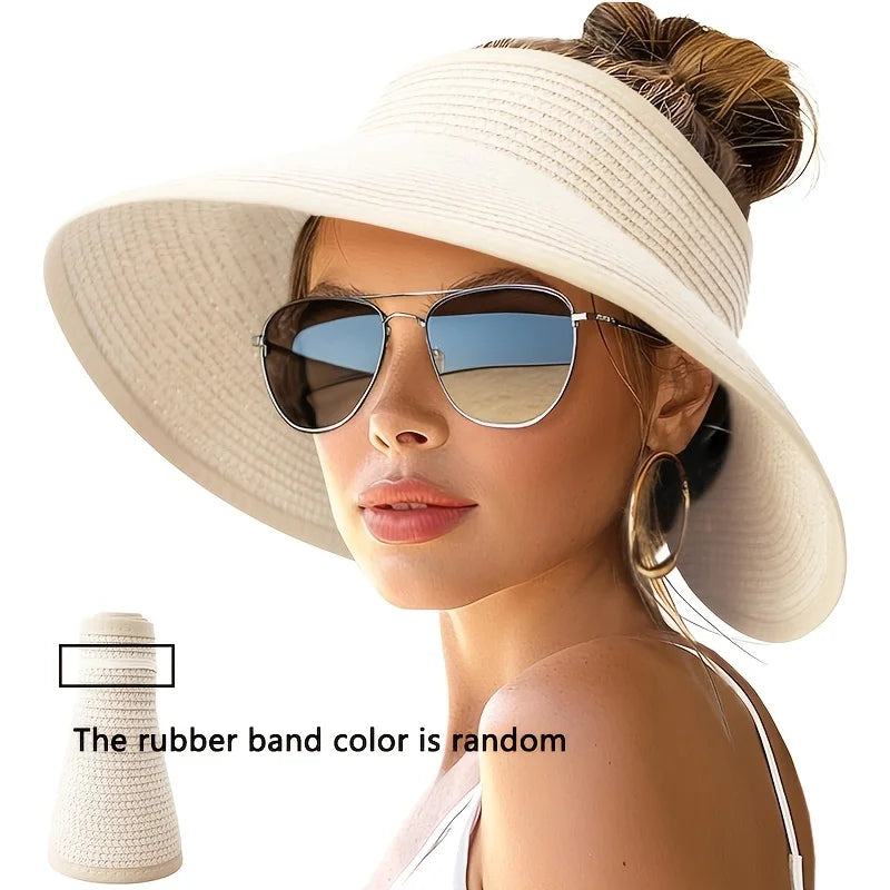 Summer Women Wide Brim Sun Hat, Roll-Up Foldable Beach Ponytail Hat, Seaside Travel Straw Hat, UV Protection Outdoor Visor Cap Zpaxo
