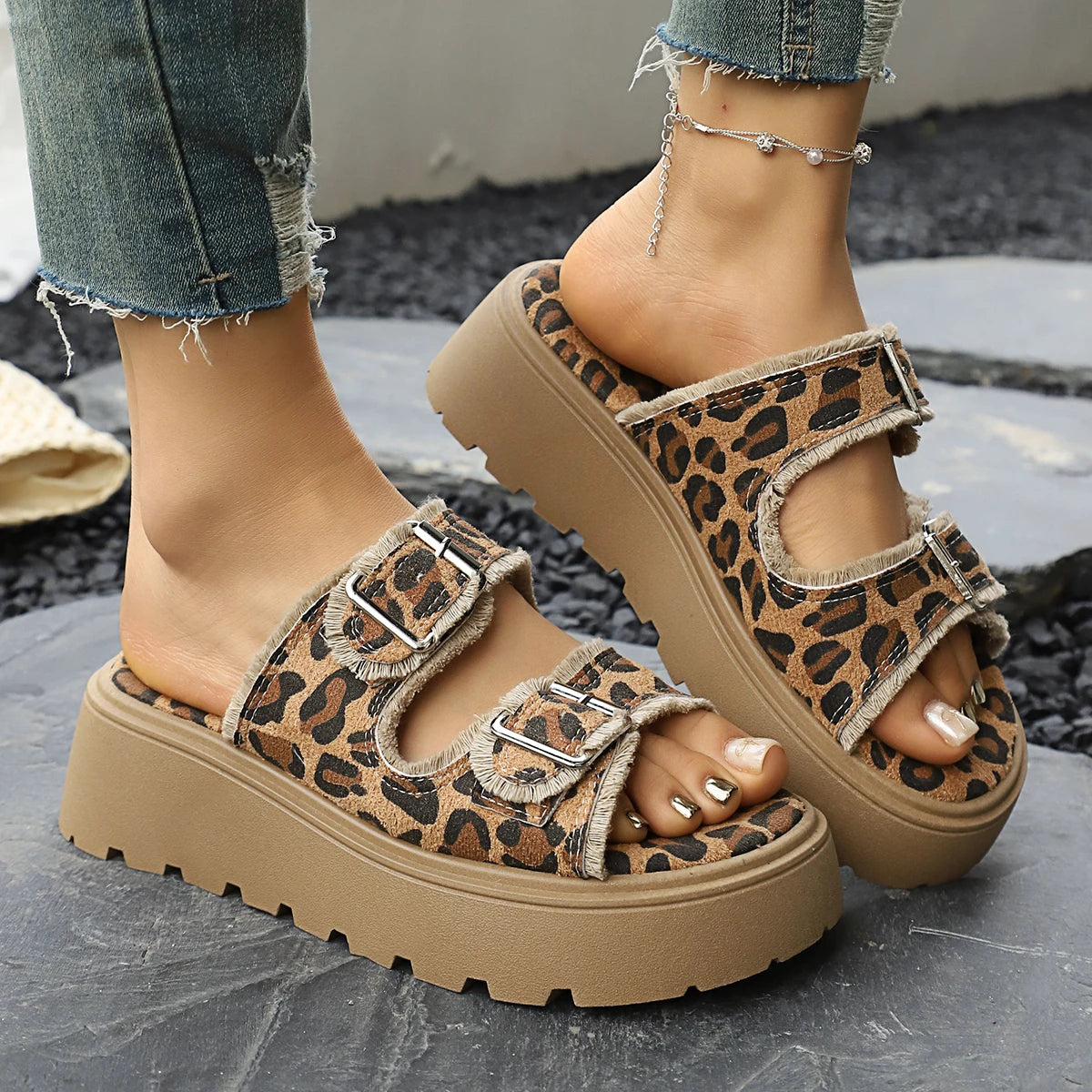 Women Slippers Platform Slides Summer Gladiator Beach Flat Walking Zpaxo leopard print 36