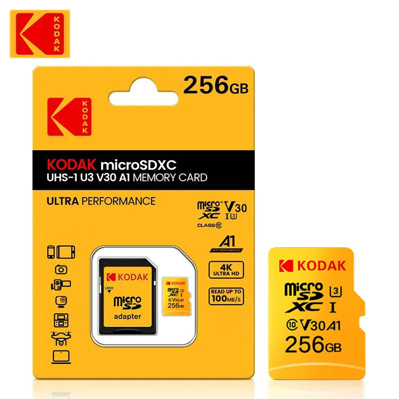 Kodak Micro SD Card 64GB 32GB Memory Card 512GB 256GB 128GB MicroSDXC Class10 SD Memory Card 100MB/s Original TF Flash Card U3 Zpaxo 256GB