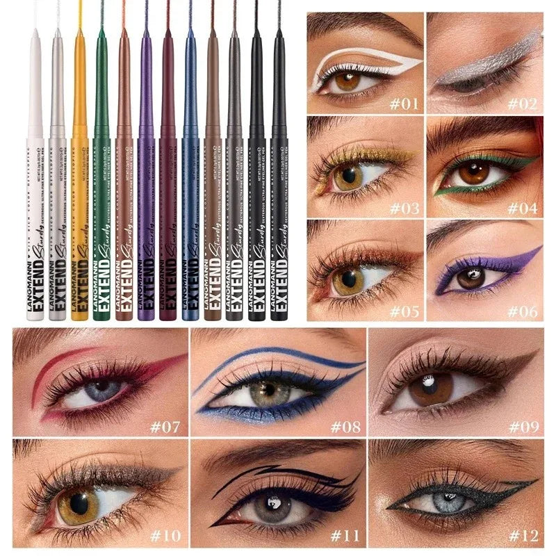 12-Color Waterproof Eyeliner Gel Pencil Long-lasting Makeup Smokey