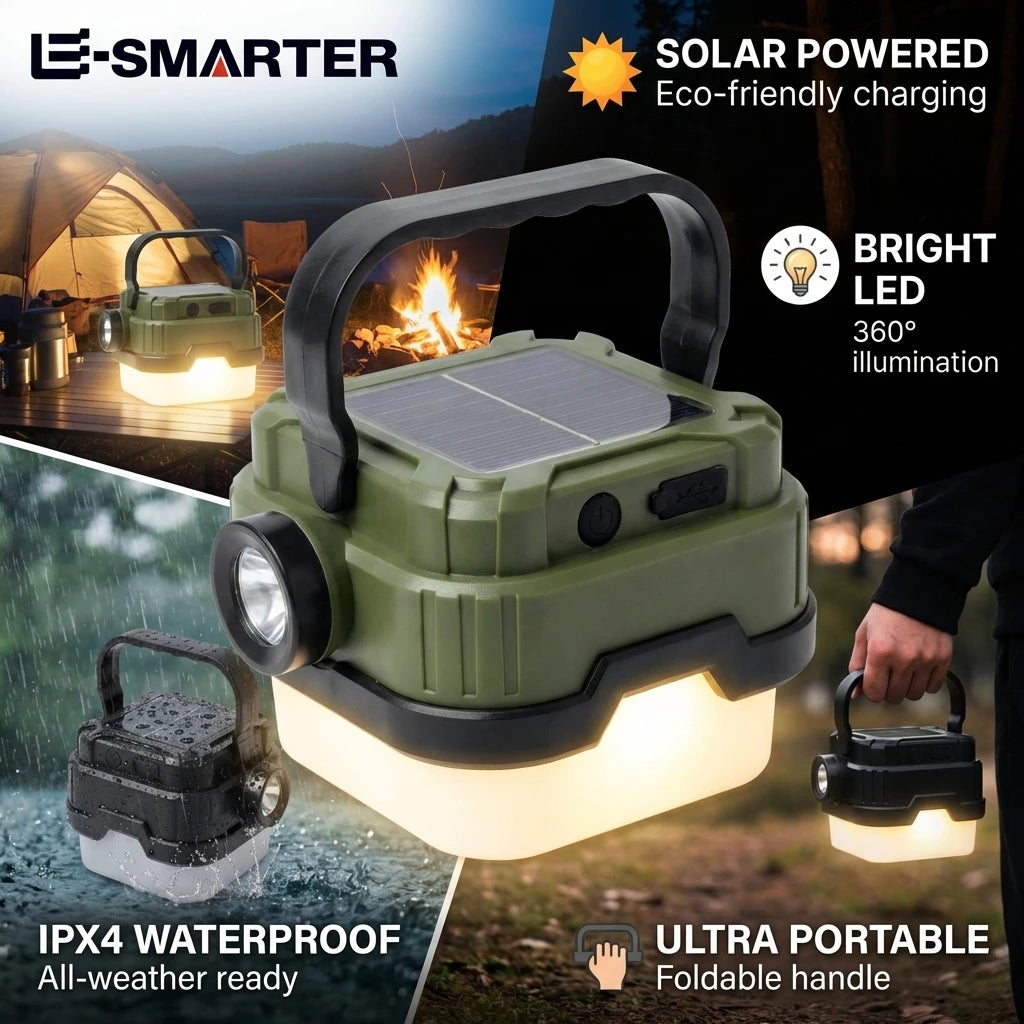 ESMARTER Solar Camping Lantern – 300LM LED, IPX4, USB Rechargeable