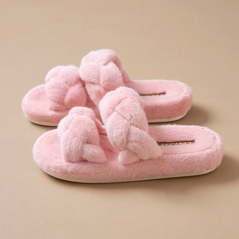 SHAJI Womens Open Toe Criss Cross Fuzzy Plush Cloud Cushion Slides