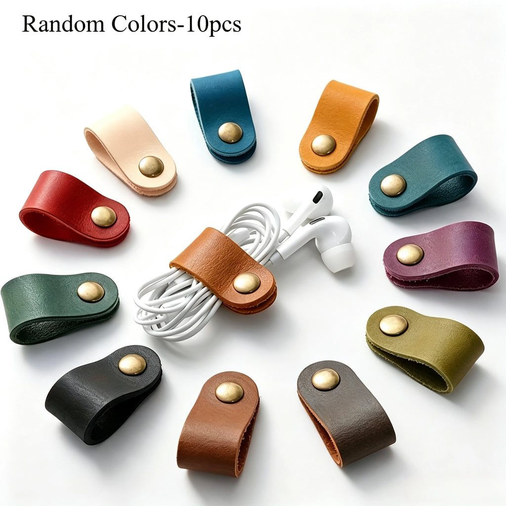 Faux Leather Data Cable Earphone Tie Desktop Storage Organizer Mobile