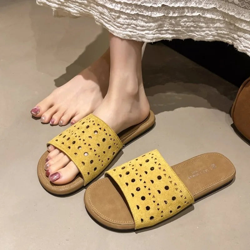 Hollow Out Flat Slippers Pu Leather Summer Sandals 2024 Luxury Design