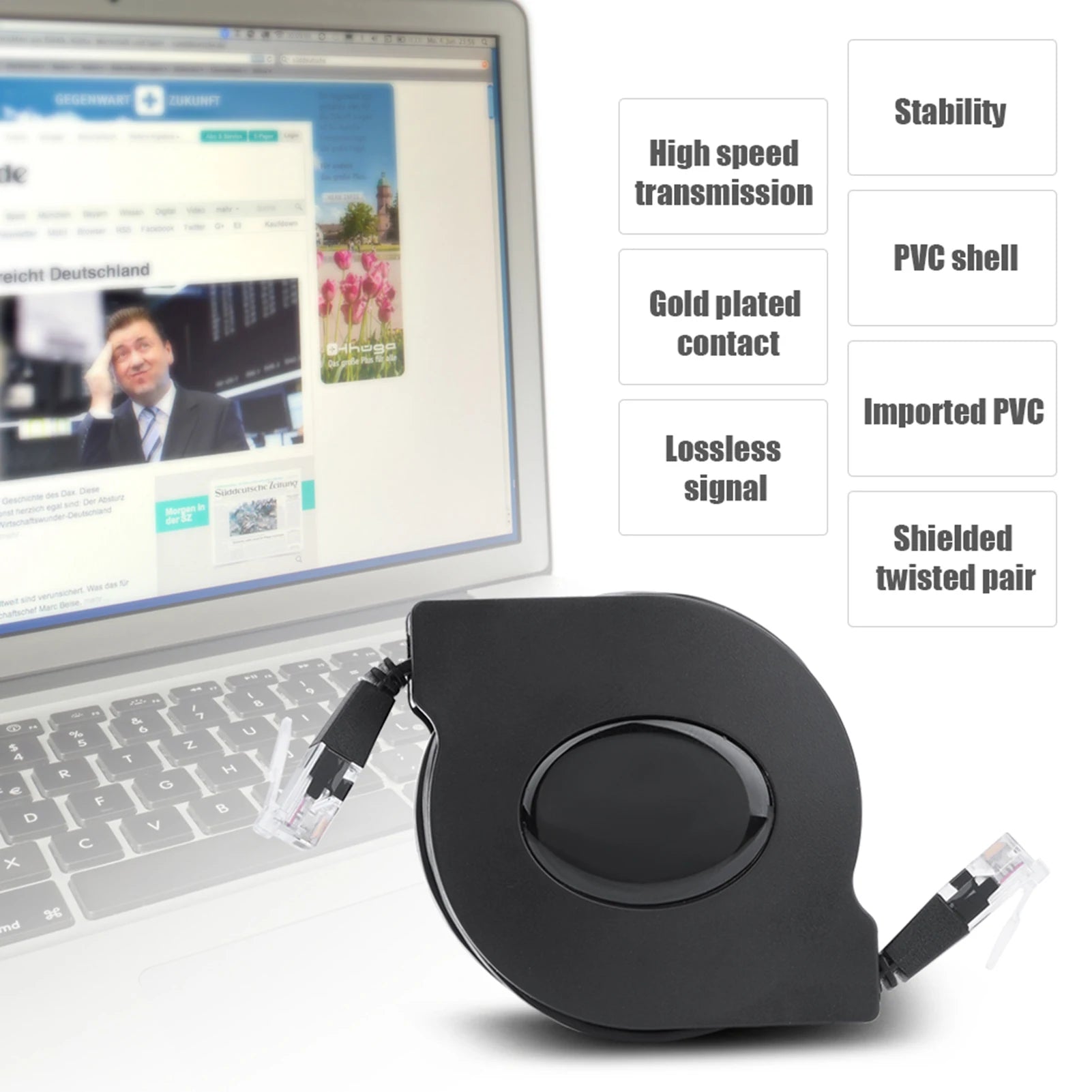 CAT6 RJ45 Network Cable 1m 2m Adjustable Retractable Lan Cord Black