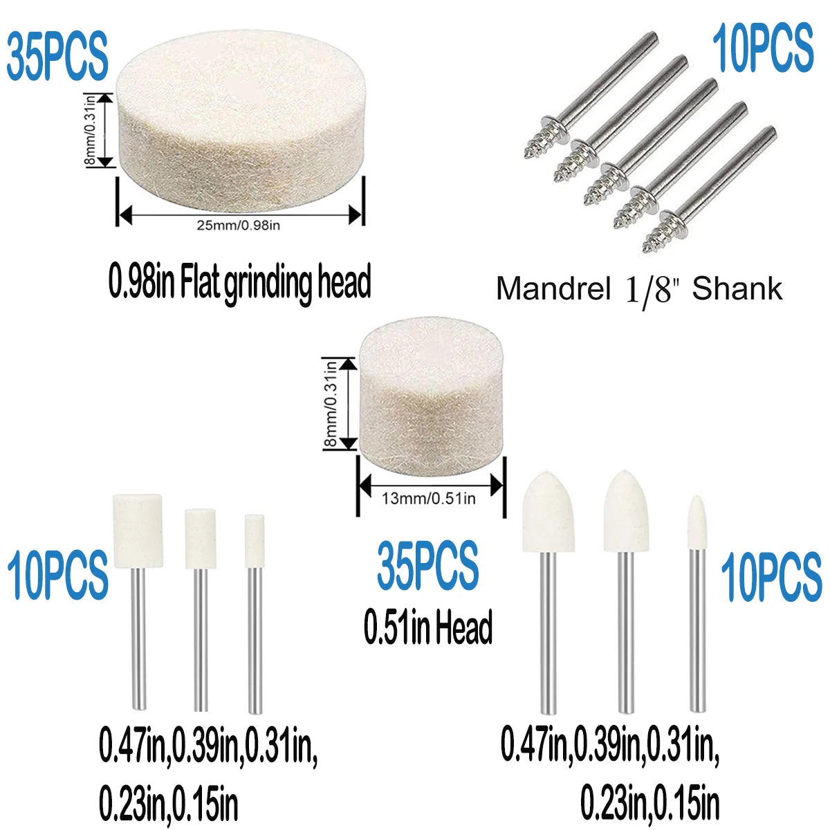 100/120/145PCS Wool Felt Grinding Sanding Head Polishing Wheel Tool Combination Set About 3mm Shank Dremel Dril for Jewelry/Gold Zpaxo 100pcs