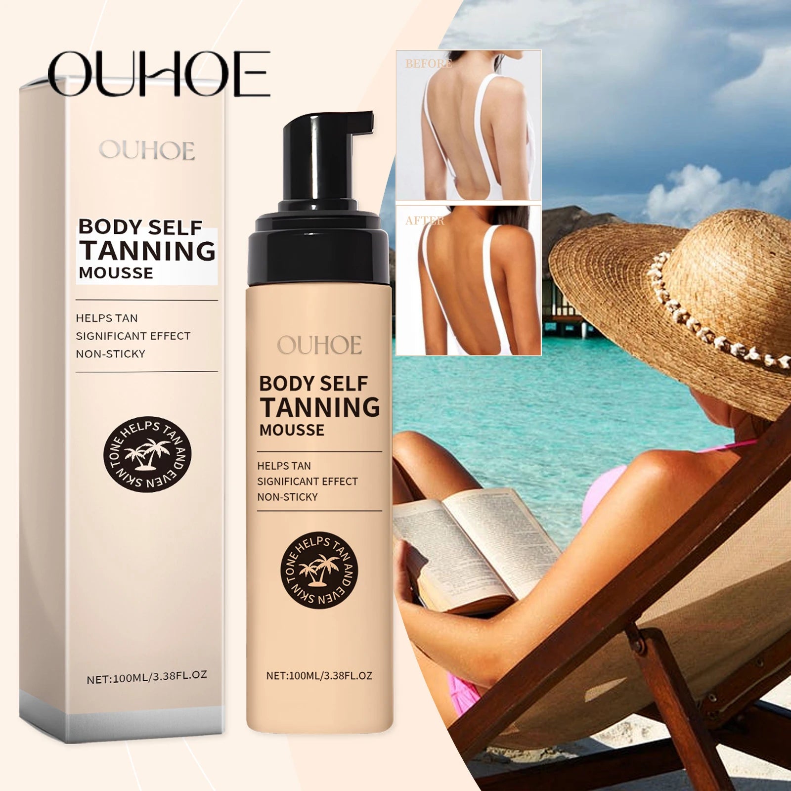Ouhoe 100ml Sunless Self Tanning Mousse QuickDry Bronze Bronzer Natural Looking Tan for Face and Body Waterproof Outdoor Formula Zpaxo Default Title