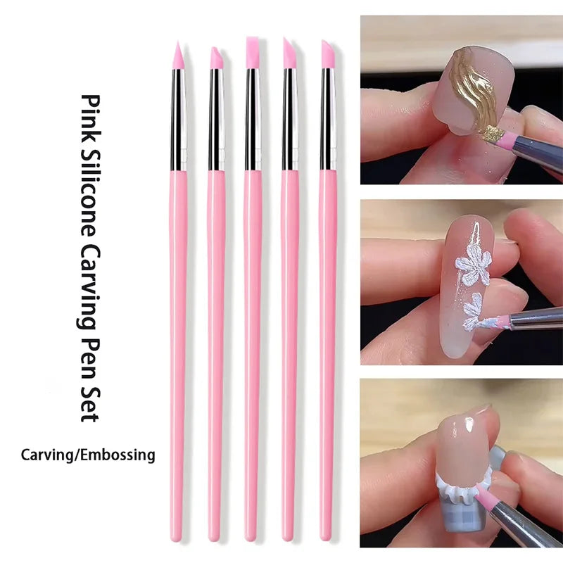 5Pcs/set Silicone Nail Brush UV Gel Polish Tip 3D Image DIY Dotting Polish Brushes Pen Professional DIY Manicure Tools Zpaxo