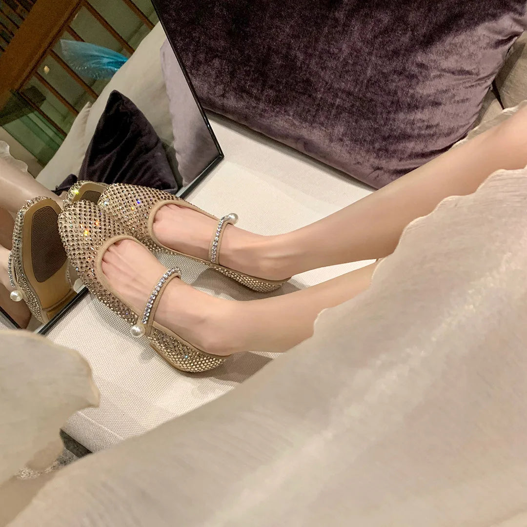 Flat Shoes for Women Spring and Autumn New Square Toe Mesh Full Diamond Pearls Mary Jane Women's Ladies Luxury Shoes Women Zpaxo