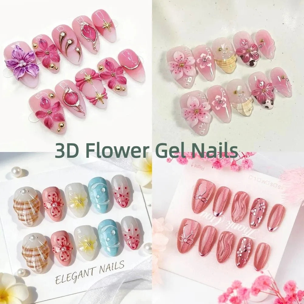Reusable Handmade Summer 3D Nails Wearable Manicure Full Cover Jelly Gel Fake Nails Artificial Easy To Wear French False Nails Zpaxo