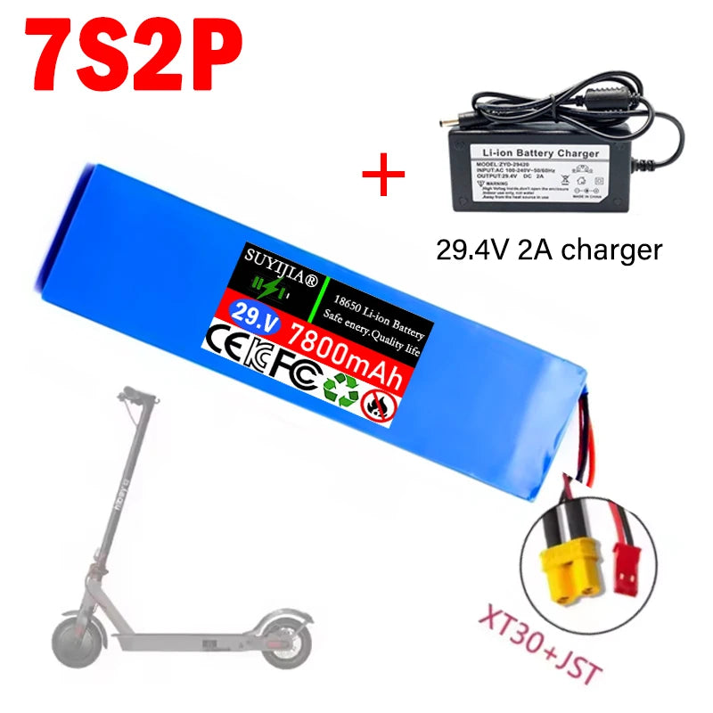 100% Original New Scooter Battery 7S2P 25.2V 7800mAh Lithium-ion Rechargeable Battery 18650 Battery Pack Lithium with Charger Zpaxo XT30-JST