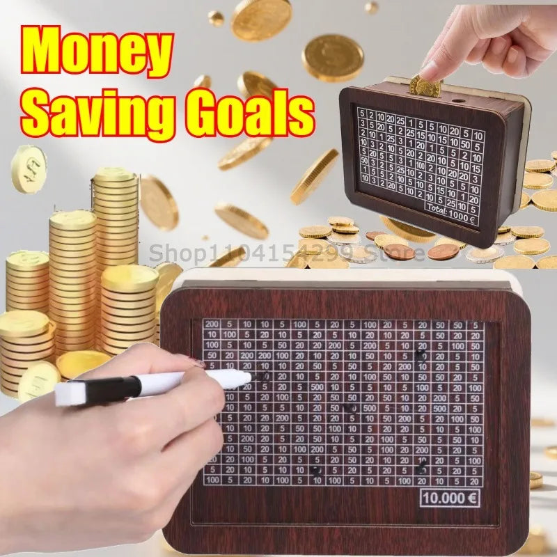 Wooden Piggy Bank Reusable Handmade Money Box, Piggy Bank with Saving Goal and Numbers To Check for Helps The Habit of Saving Zpaxo