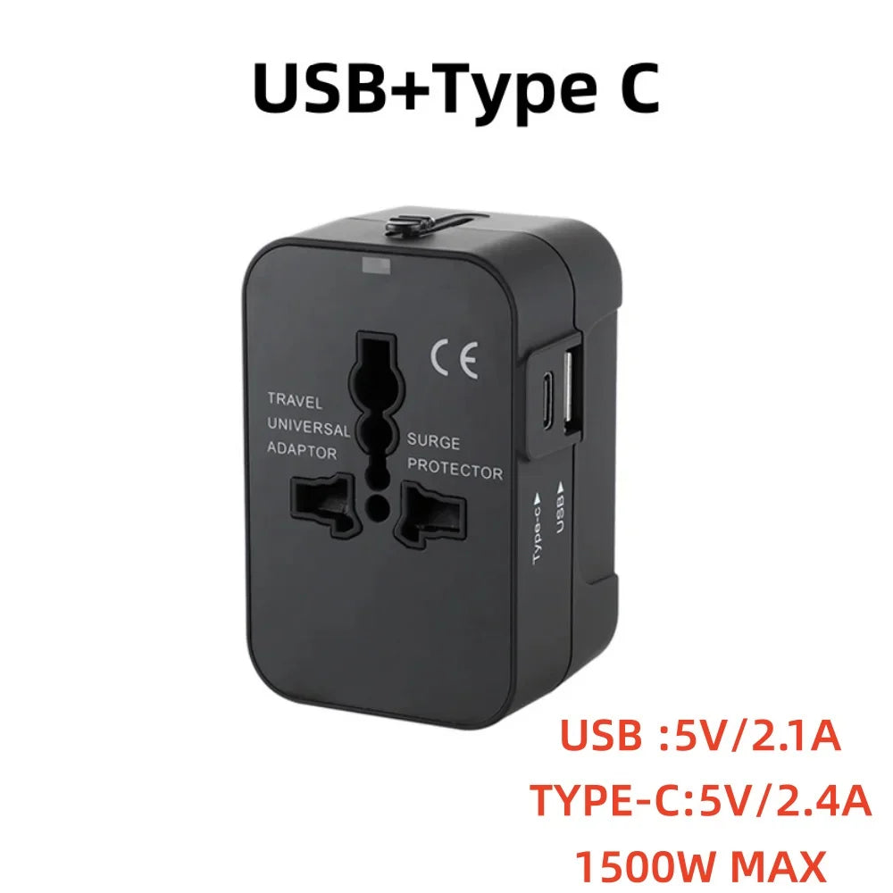 Universal Worldwide Travel Adapter Multi Plug Outlet USB Type C Socket Multi Ports Wall Adapter For EU/UK/USA Cell Phone Charger Zpaxo black 1USB A 1Type C