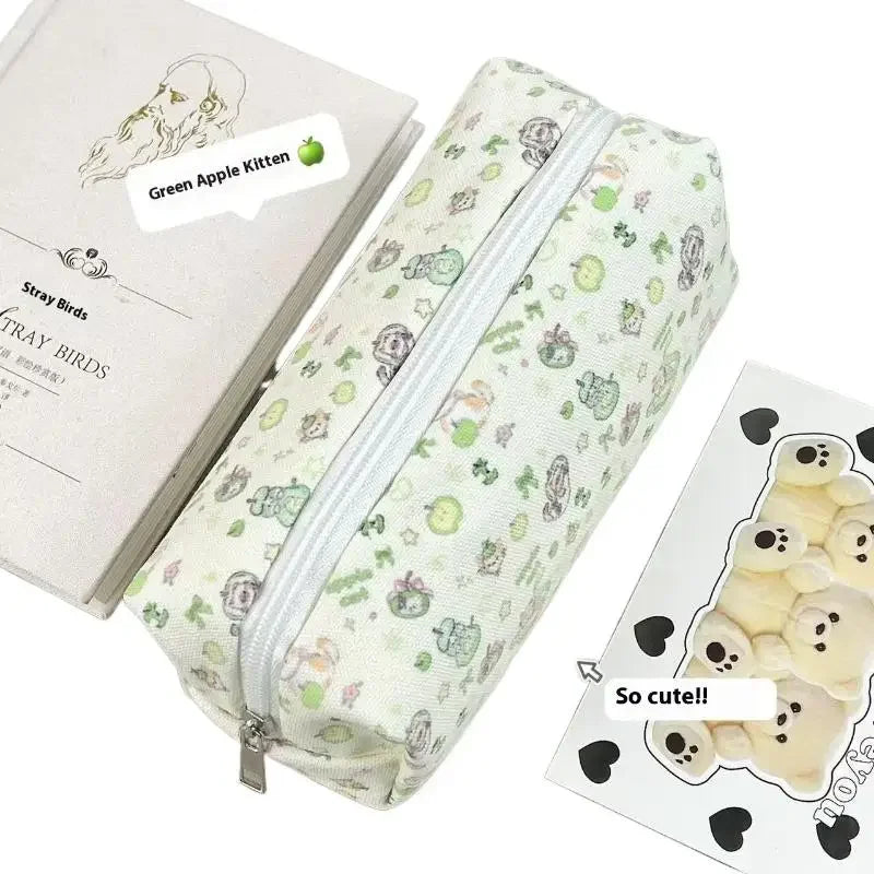 1 Piece Cute Green Apple Cat Printed Makeup Bags Cartoon Kitten Pencil Bag Large Capacity Stationery Storage Bag Zpaxo