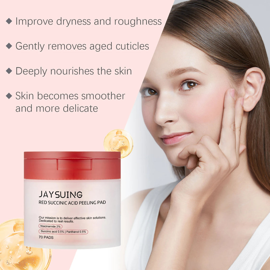 70pcs Red Succinic Acid Peeling Pads Gentle Exfoliation Soothing Moisturizing Delicate Smooth Skin Panthenol Facial Peeling Pads Zpaxo