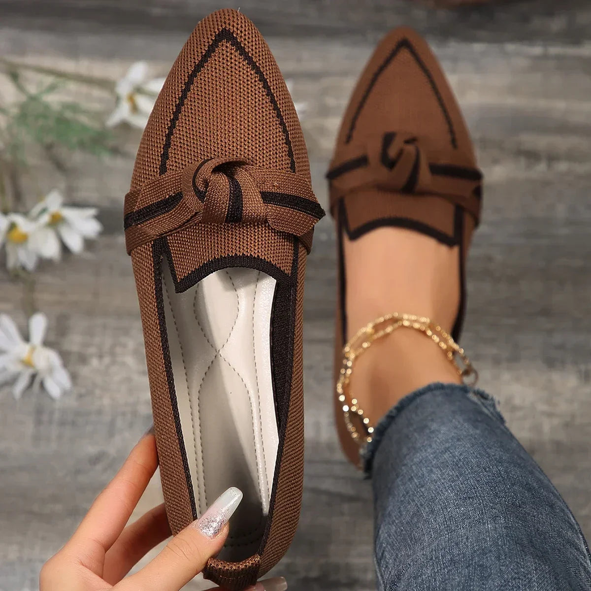Women Flats 2024 Knitted Slip Breathable Comfortable Solid Shoes