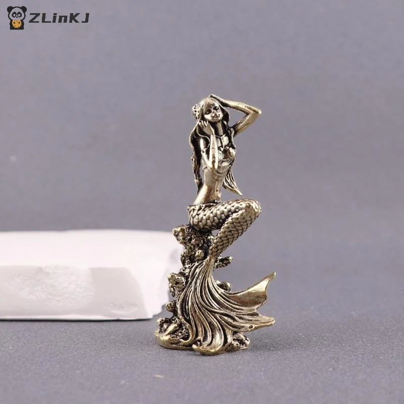 ▶1PCS Mini Brass Mermaid Figurine Fairy Tale Character Mermaid Princess Statue Zpaxo