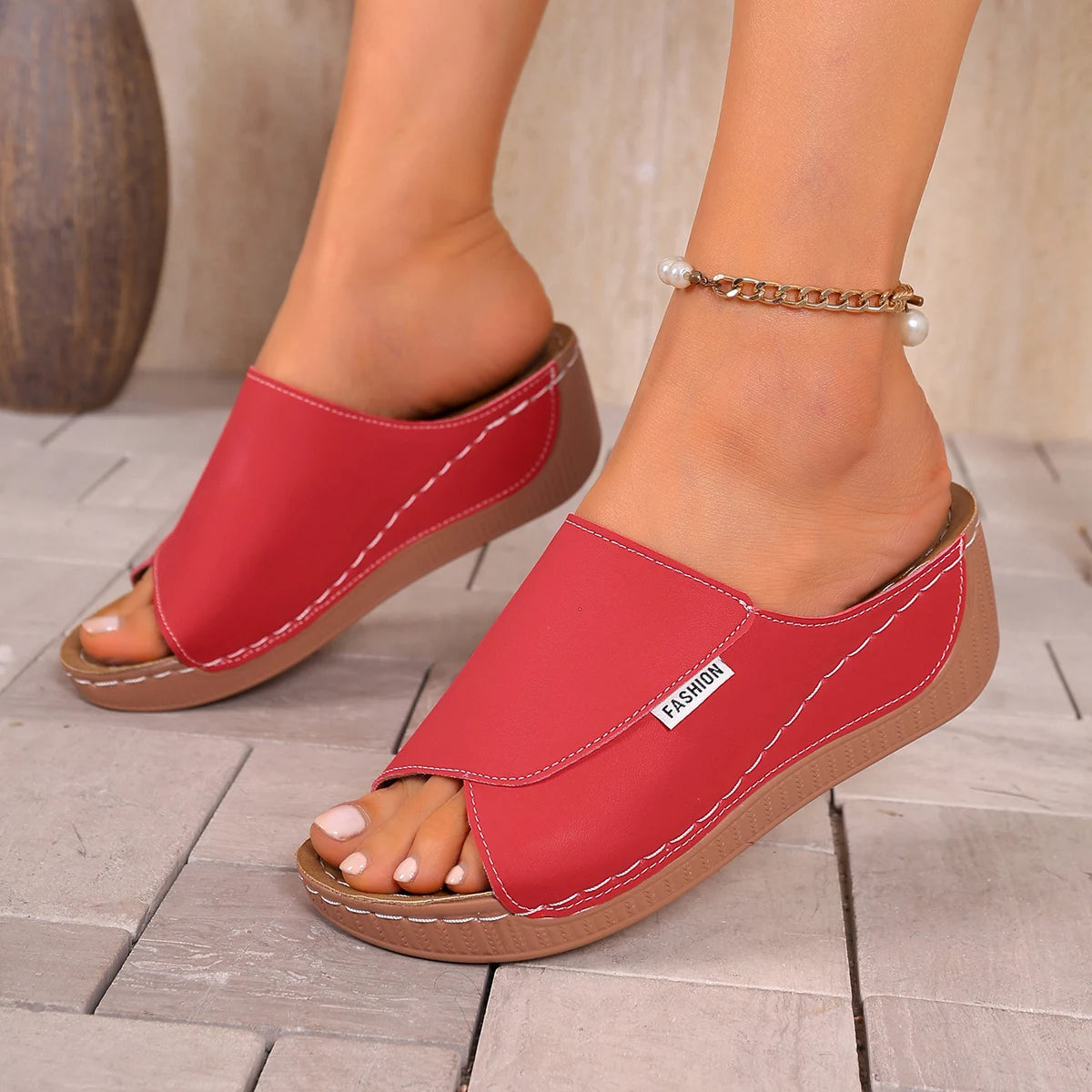 Women Slippers Thick Heel Slip-On Women Shoes 2025 New Fish Mouth Slope Heel Slippers Large Size Summer Sandals Slides Women Zpaxo Red 40
