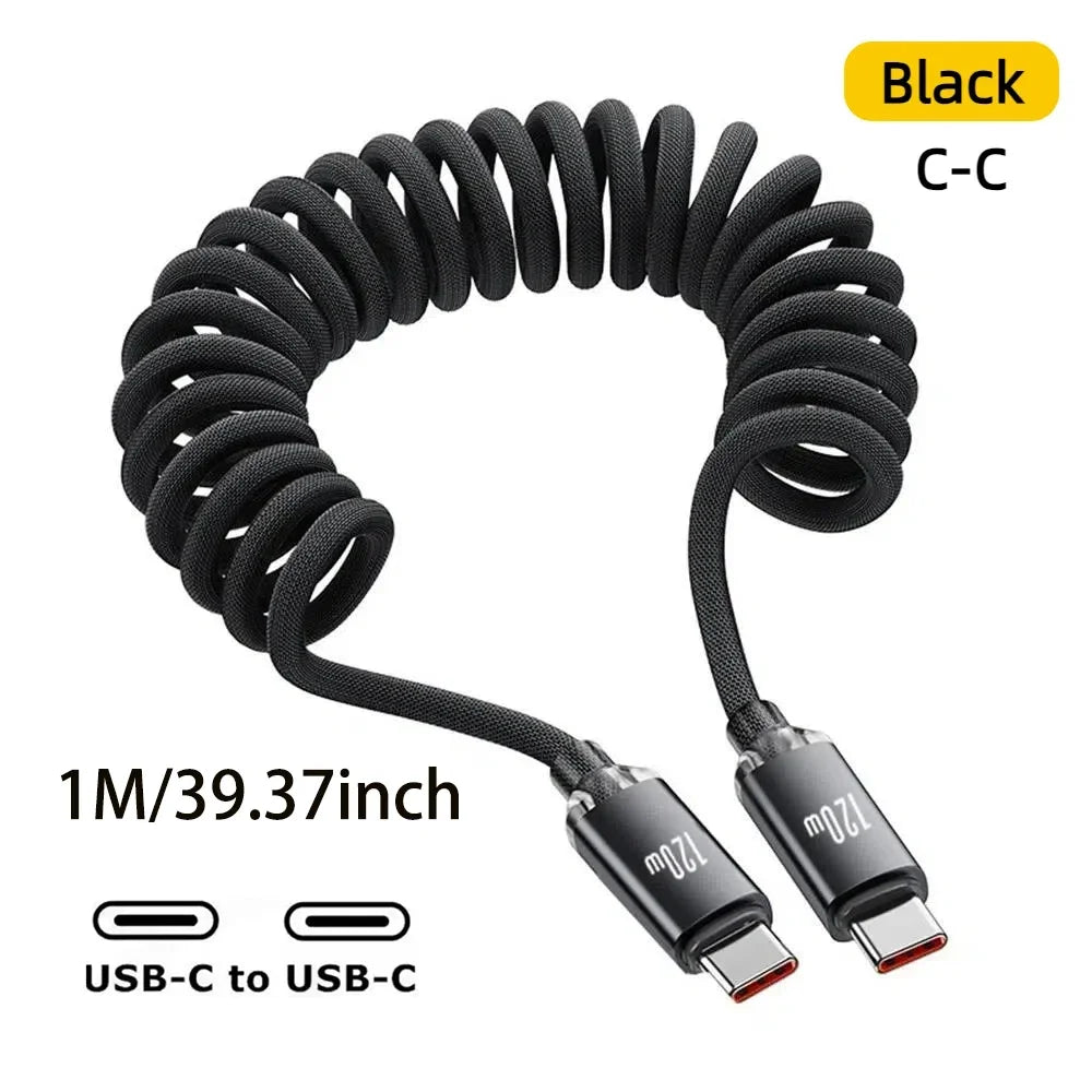 120W USB-C Fast Charging Spring Cable – iPhone Samsung Huawei USB-C Charging Cable Zpaxo Black C-C 1M