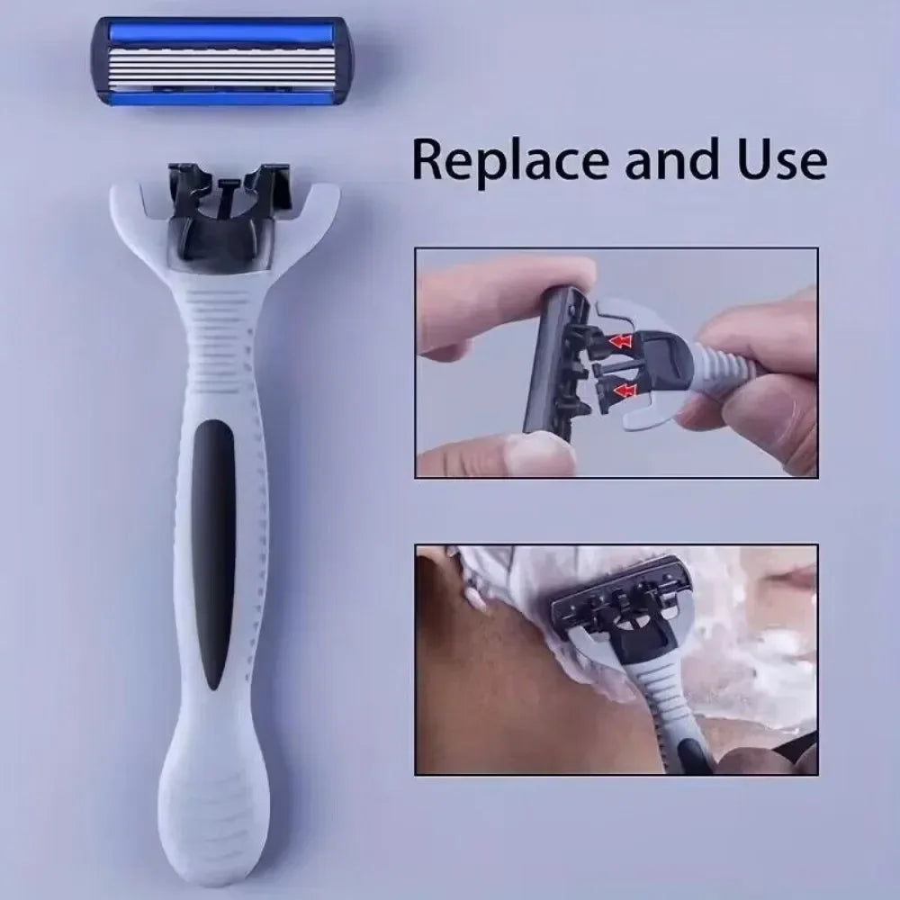Men's Safety Razor Manual Stainless Steel 6-Layer Blade Hair Removal Tool Replaceable Razor Head Grooming Kit Zpaxo