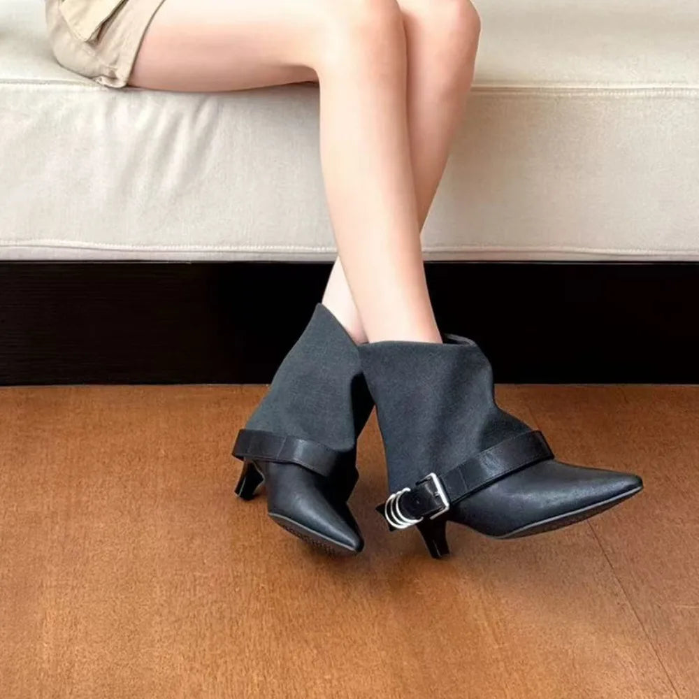 Autumn Winter Pointed Thin Heel Belt Buckle Folded Short Fashion