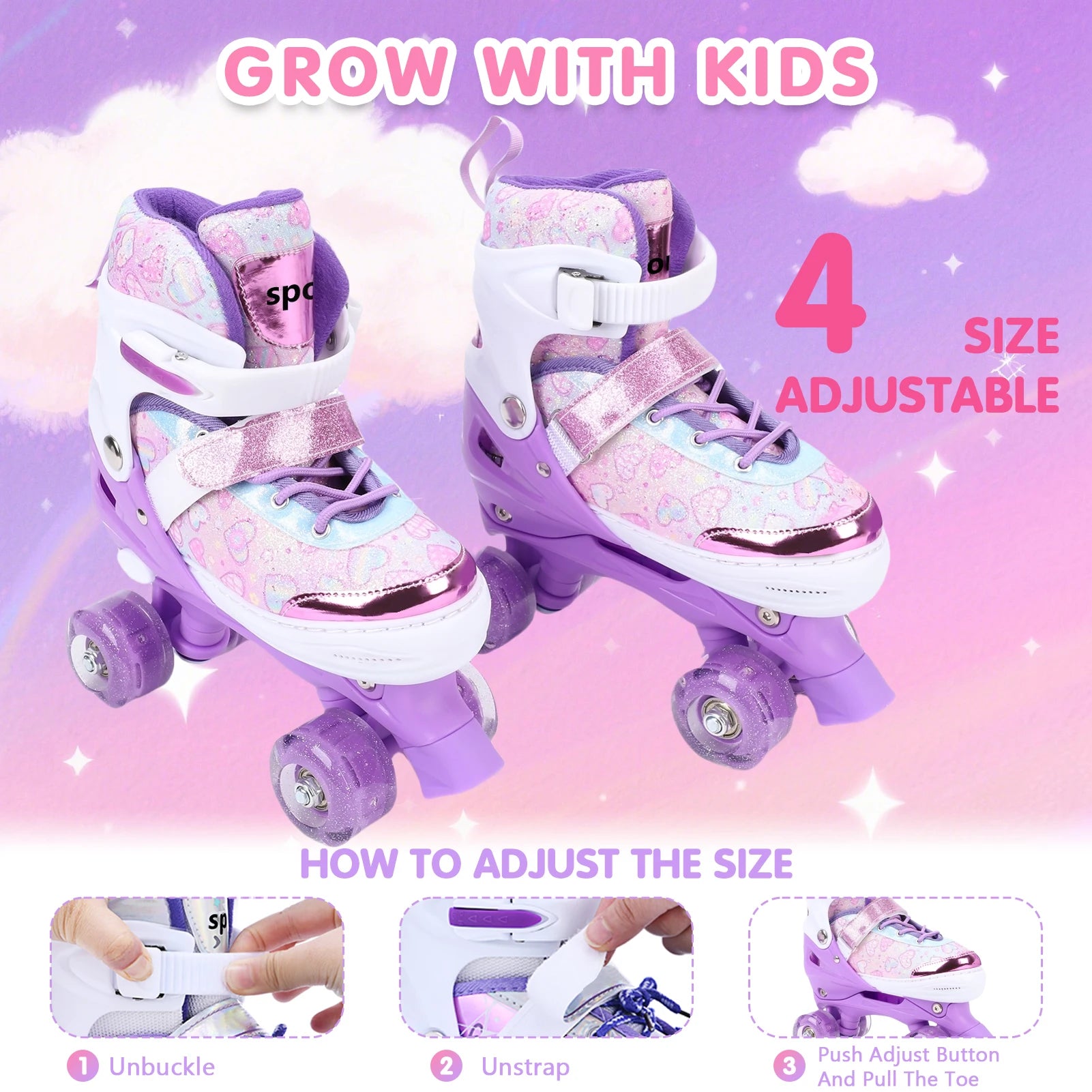 Roller Skates Girls Ages 6-12 4 Adjustable Flashing Wheel ABEC