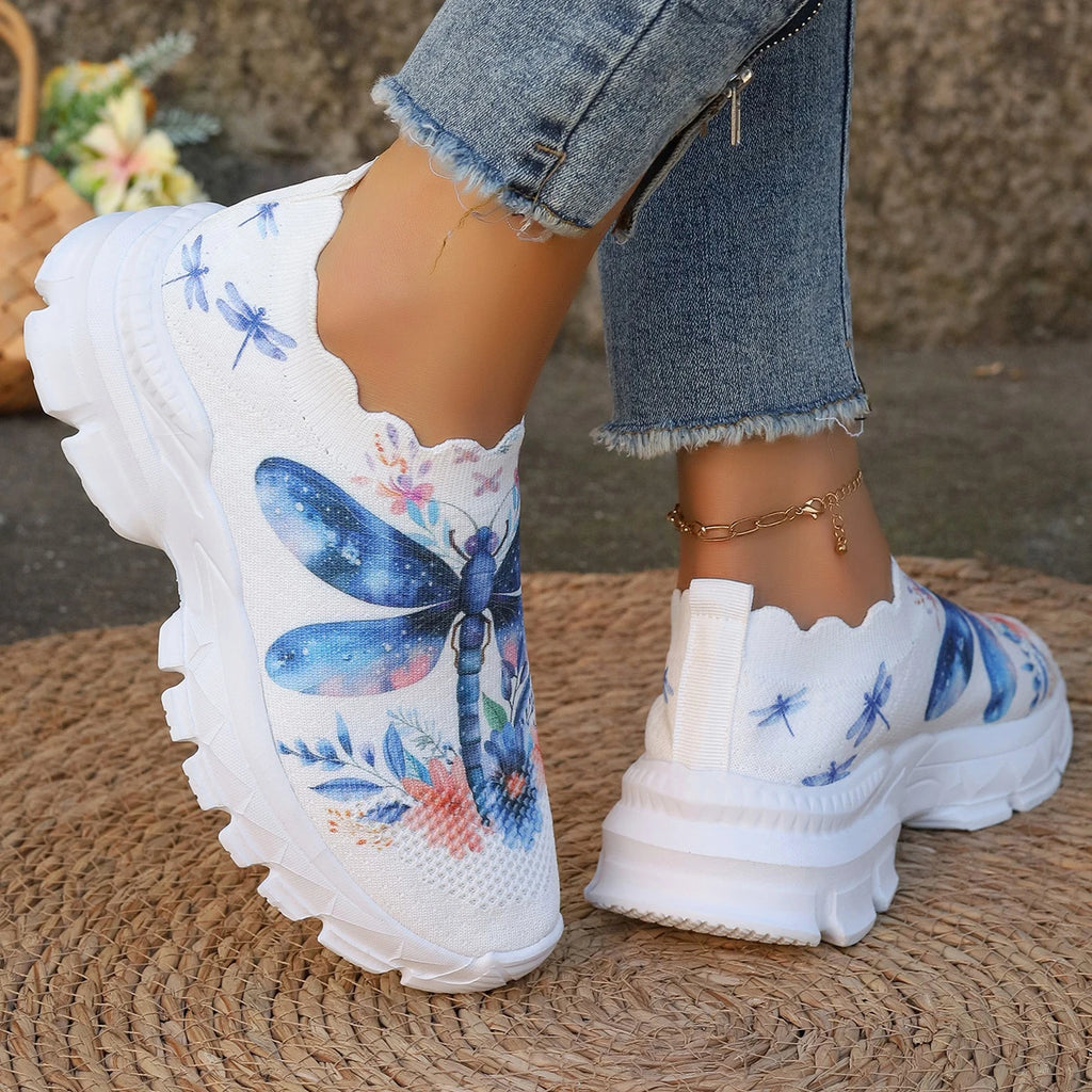2024 Women Dragonfly Pattern Platform Non Slip Walking Shoes Woman Lightweight Fashion Slip on Comfortable Outdoor Casual Shoes Zpaxo