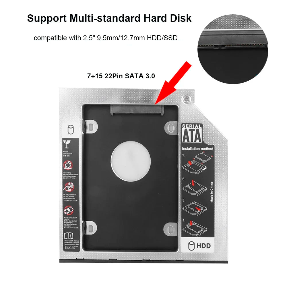Aluminum 2nd Second Hdd Caddy 12.7mm 9.5mm SATA 3.0 for Optibay 2.5'' SSD DVD CD-ROM Enclosure Adapter Hard Disk Drive 9.5mm Zpaxo