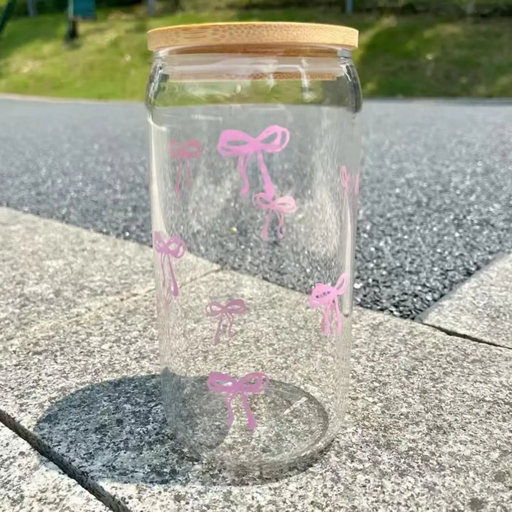 Bow Shape Glass Cup Lid Straw Cute Aesthetic Drinkware Iced Coffee