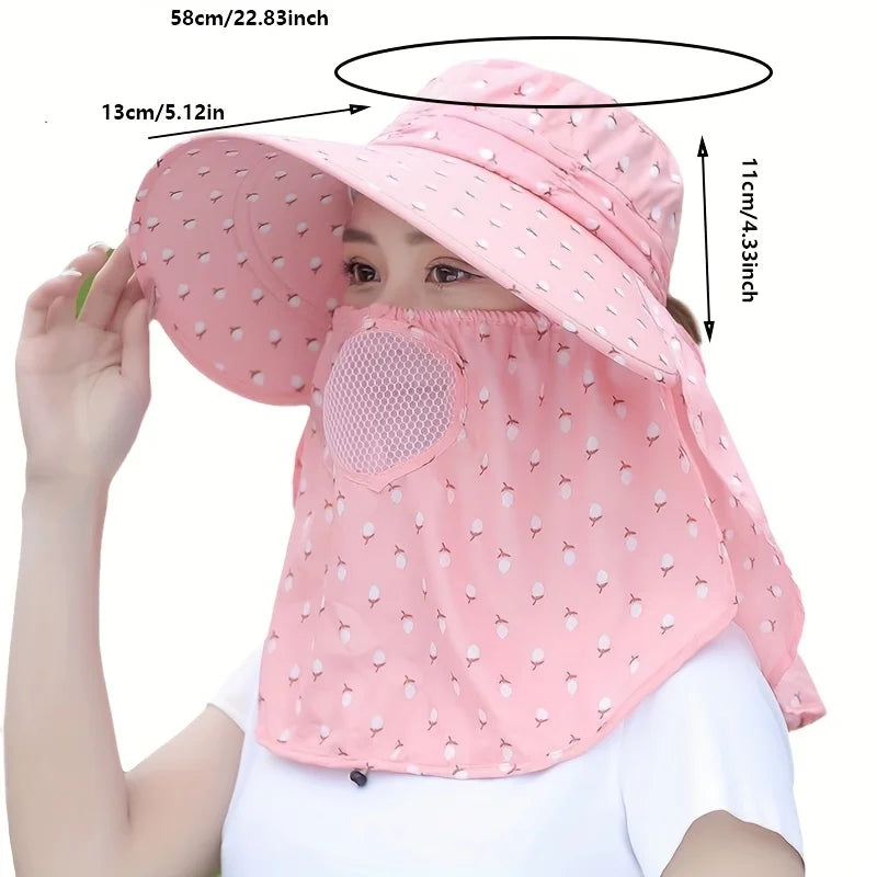 Purple Floral Wide Brim Sun Hat Face Mask Lightweight Breathable UV