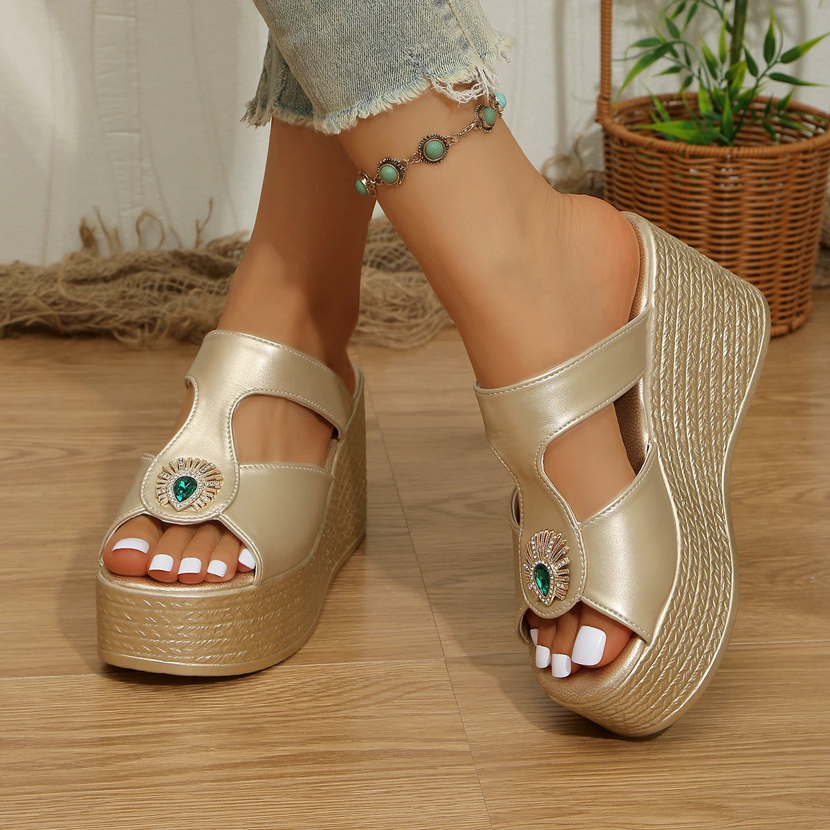 Women Sandals Peep Toe Open Walking Designer Shoes Summer Wedges Zpaxo Gold 43