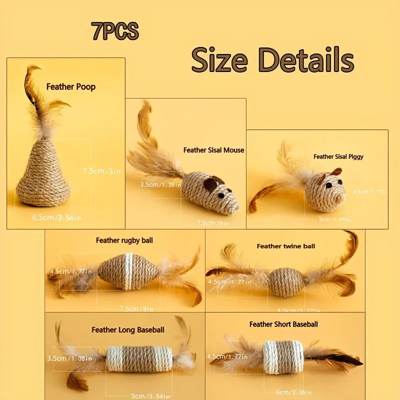 7PCS Feathered Sisal Cat Toy Set, Cat Self Hi Interactive Gnawing Teasing Cat Pet Toys Zpaxo