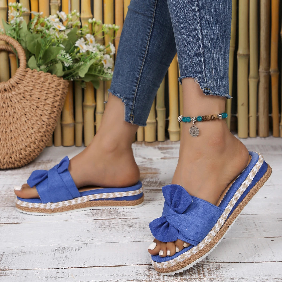 Women Bowknot Slippers Designer Weave Sandals Summer Casual Daily Slippers Comfy Slip on Platform Shoes Women Flats Slides Women Zpaxo Blue 37