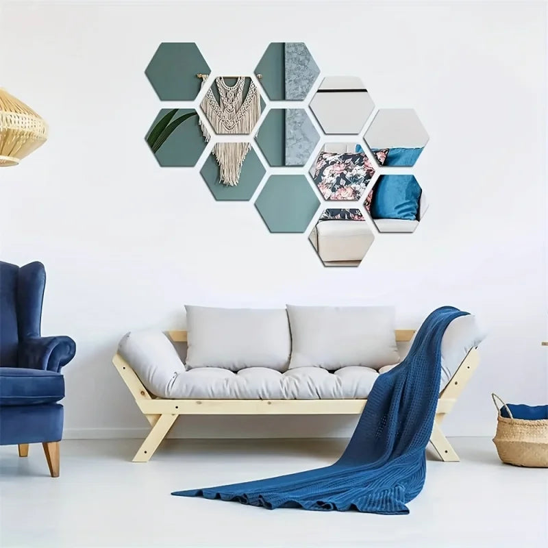 12 Hexagonal 3D Mirror Wall Stickers Self-adhesive DIY Decoration