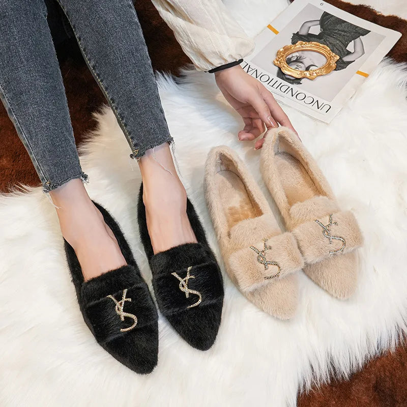 Flats Shoes for Women 2024 New Autumn Pointed Flat Mink Fur Winter Shoes Velvet Women's Loafers Ladies Shoes Plus Size 41 42 43 Zpaxo