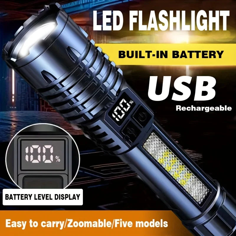 LED Zoomable Flashlight USB Rechargeable LCD Battery Display