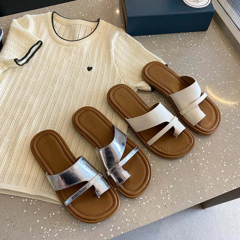 Toe Loop Slide Sandals Flat Heel Casual Summer Slippers Silver Beige Zpaxo