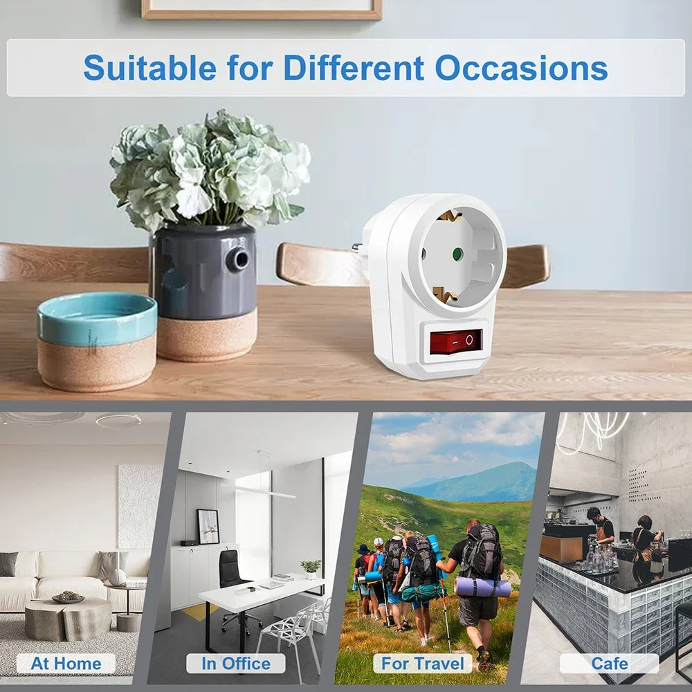 EU Plug Adapter with Switch & Neon Light – 16A 250V European Socket EU Plug Adapter Zpaxo